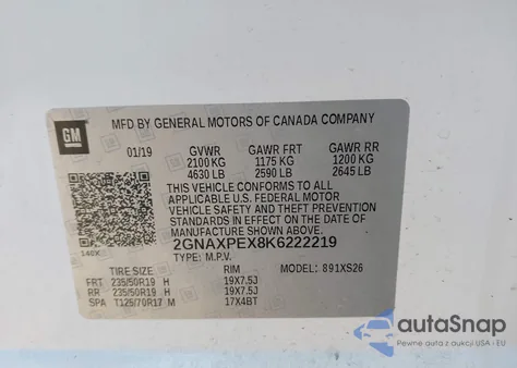 2019 Chevrolet Equinox Premier z USA, uszkodzony, nr VIN 2GNAXPEX8K6222219